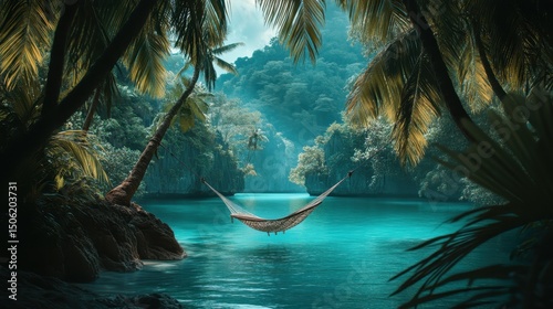 Relaxing hammock between palm trees over turquoise water in a tranquil tropical setting