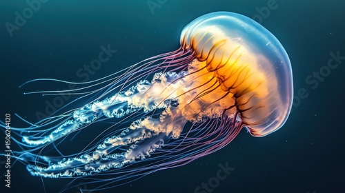 Colorful jellyfish gracefully gliding through dark water in an underwater habitat showcasing bioluminescence and delicate tentacles