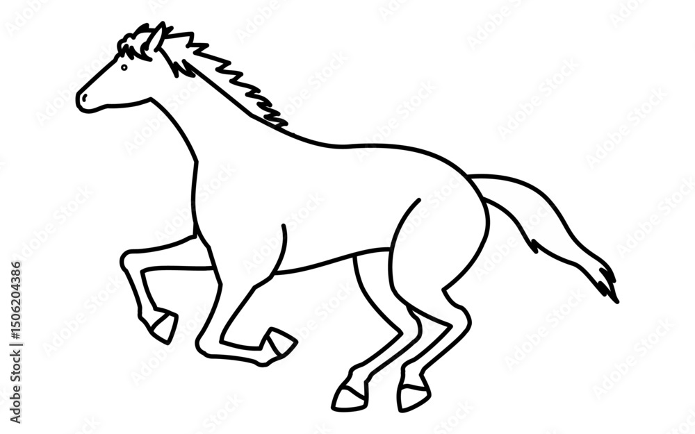 Obraz premium 走る馬のシンプルな線画、白黒のベクターイラスト
