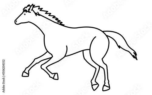 走る馬のシンプルな線画、白黒のベクターイラスト