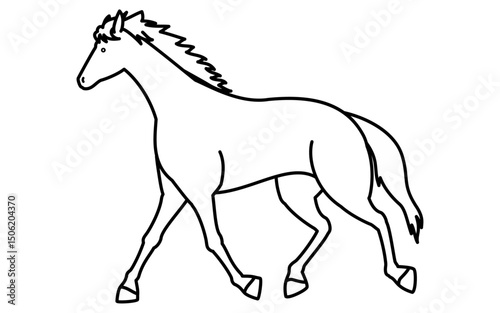歩く馬のシンプルな線画、白黒のベクターイラスト