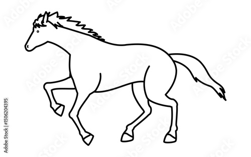 走る馬のシンプルな線画、白黒のベクターイラスト
