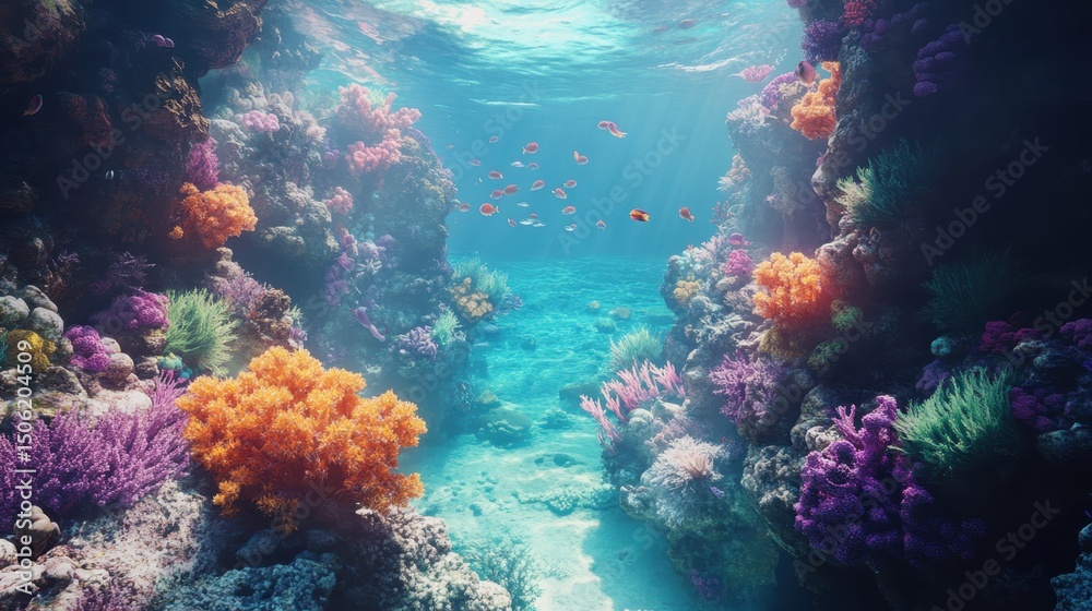 Fototapeta premium Vibrant coral reef teeming with colorful fish and underwater plants in a crystal-clear ocean setting