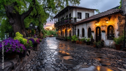 Charming cobblestone street with old buildings at sunset