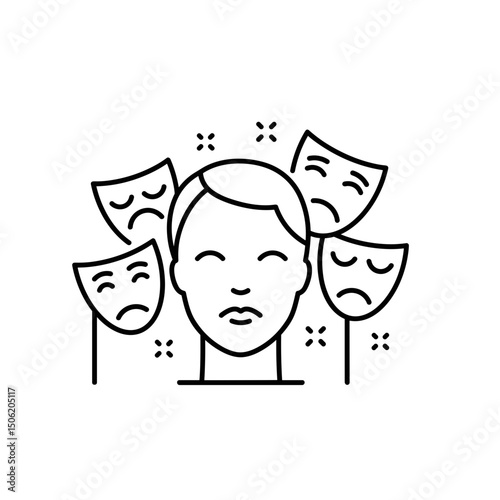 Line Art Illustration of Person Wearing Emotion Masks, Masking Autism Concept, For Neurodiversity, Psychology, Mental Health