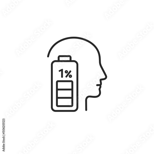 Human Head Outline with Low Battery Icon, Symbolic Illustration of Social Fatigue, Social Battery Autism Concept, For Neurodiversity, Psychology, Education