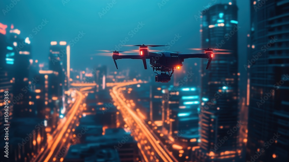 Fototapeta premium Drones capturing urban nightlife over glowing cityscape during evening hours