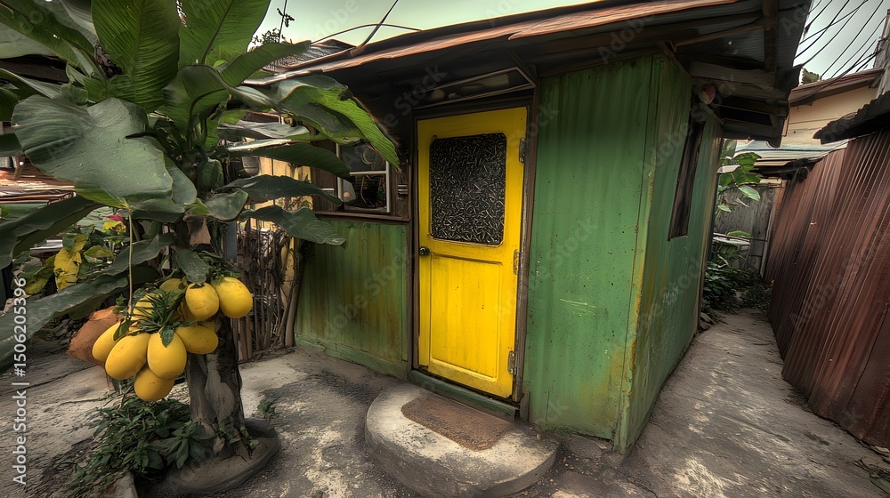 Fototapeta premium Vibrant Yellow Door Green Hut Tropical Fruit Alleyway