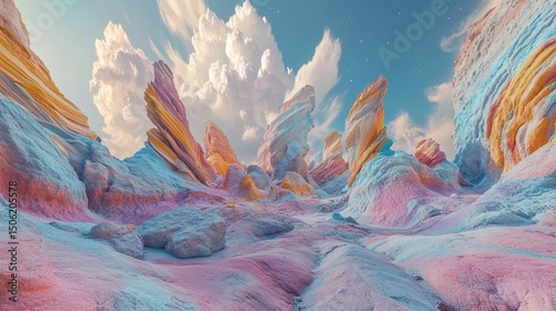 Vivid alien landscape under a vibrant sky with two celestial rings and rugged terrain