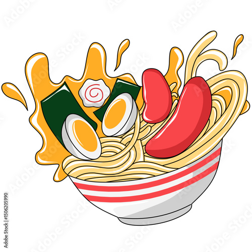 Illustration of ramen noodles with complete toppings