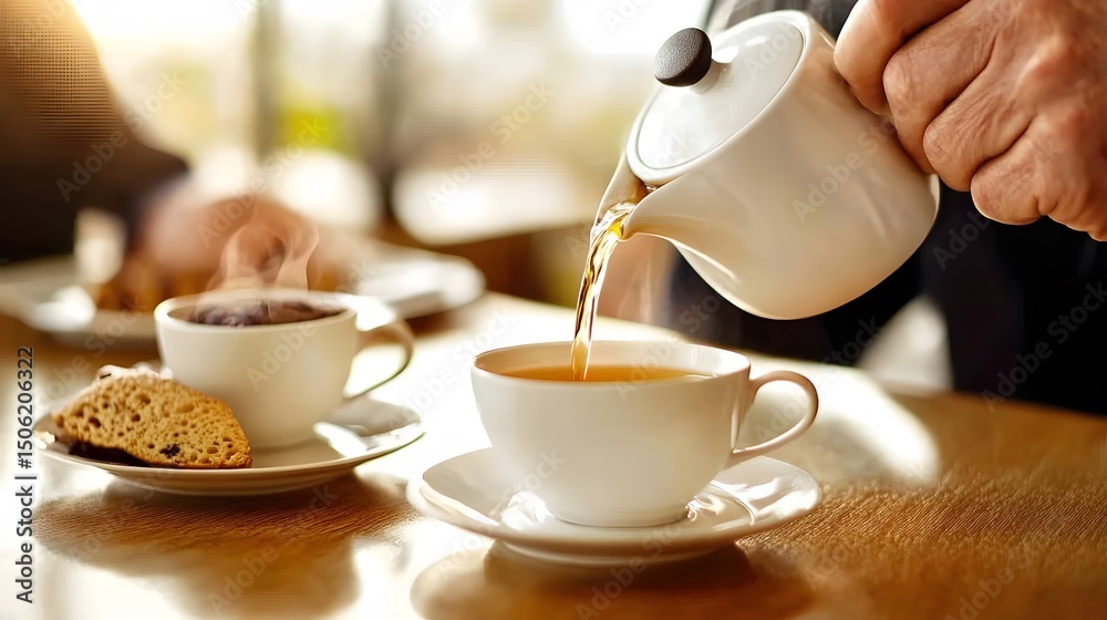 Fototapeta premium Pouring Hot Tea into Cup with Biscuits Cafe Scene