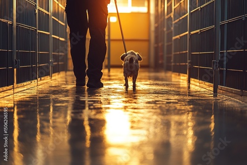Shelter dog walks with rescuer