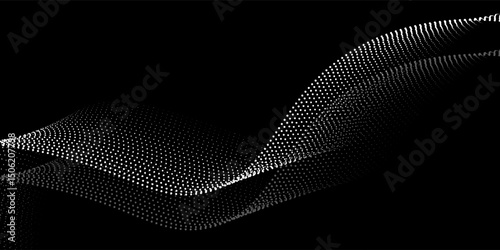 Flowing dots particles wave pattern halftone gradient curve shape isolated on white background. Vector in concept of technology, science, music, modern.