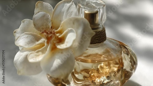 Elegant glass perfume bottle with golden liquid and white flower resting on table surface with soft natural light