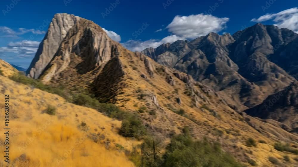 Rugged mountain range view featuring prominent peaks, rocky slopes, autumn colors, and a vibrant blue sky with white cloud accents, creating an arid landscape. Rugged mountain range view featuring prominent peaks, rocky slopes, autumn colors, and a vibrant blue sky with white cloud accents, creating an arid landscape.