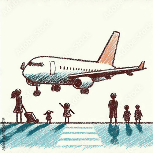 Family waiting for airplane arrival at the airport terminal 