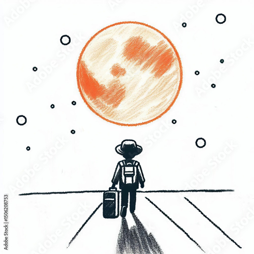 Traveler walking with suitcase under a full orange moon at night  