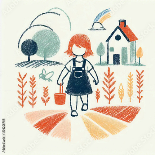 Young girl walking in garden with bucket near house and trees