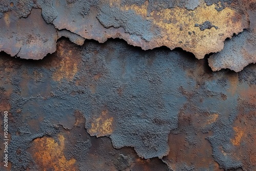 Close-up of heavily rusted and corroded metal surface with peeling layers and rough texture showing orange, brown, and dark gray colors