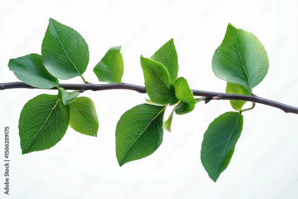Fototapeta premium Close-up of a horizontal thin tree branch with several rich green leaves on a white background, showing natural details and texture of foliage