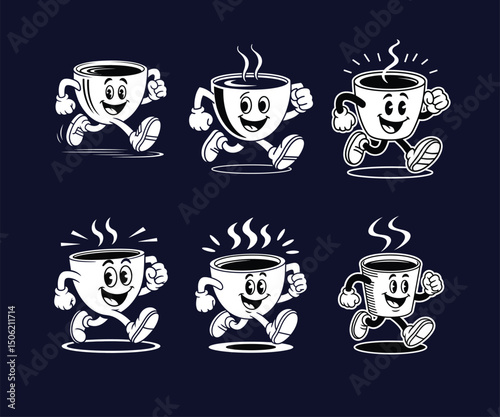 Set of Retro Running Coffee Cup Mascots – Vintage Caffeine Cartoon Characters Collection