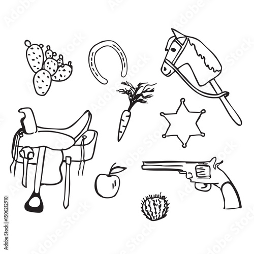 Hand drawn set of western vector doodles. Line art illustrations with wild west atmosphere, hobby horse, leather saddle, horseshoe, revolver, sheriff's star, apple, carrot and various cactuses