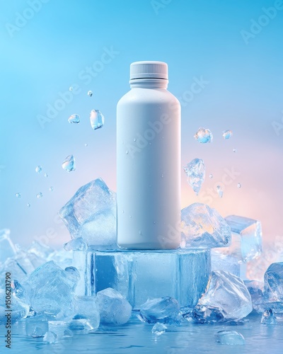 Minimalist white bottle set on ice cubes with splashing water droplets against gradient blue pastel background for skincare or cosmetic product display