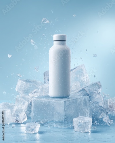 Refreshing white plastic water bottle standing on ice cubes in a cool icy environment with splashes and a light blue background, product mockup for hydration