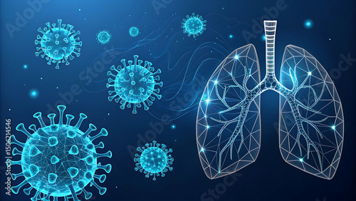 Futuristic covid-19 coronavirus caused viral pneumonia web banner with glowing low polygonal human lungs and viruses on dark blue background. Modern wire frame mesh design vector illustration.