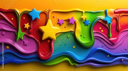 Bright abstract art scene with flowing liquid in rainbow tones, decorated with hand-cut stars