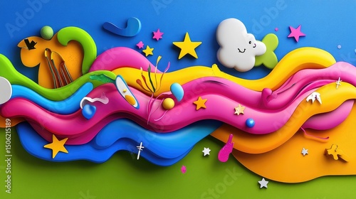 Bright abstract art scene with flowing liquid in rainbow tones, decorated with hand-cut stars