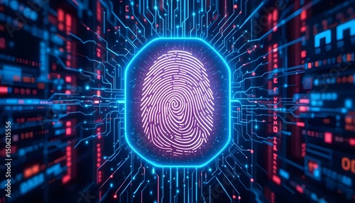 A digital fingerprint pulsates with luminous energy, secured within a network of glowing circuitry.