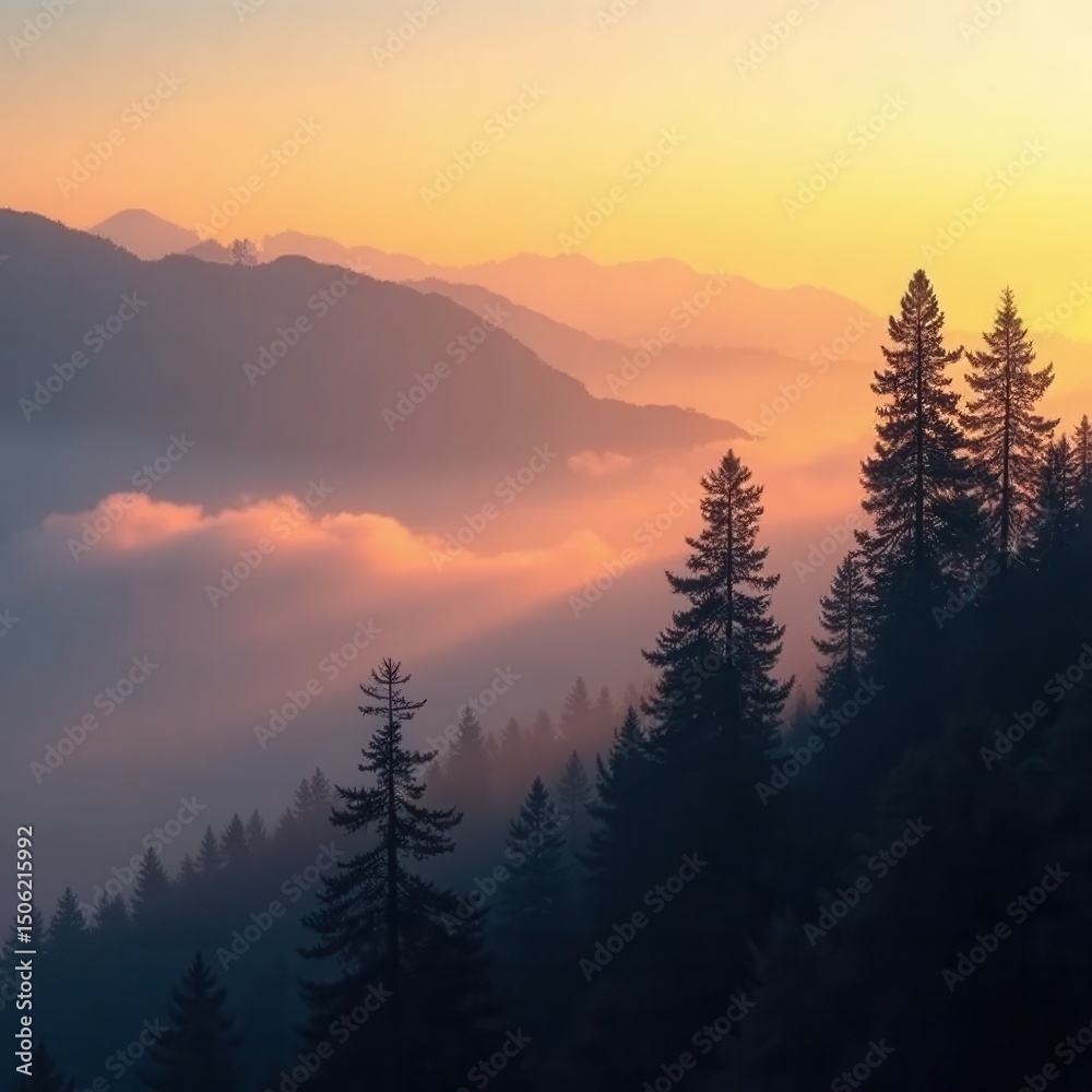 Obraz premium Sunset over misty mountain forest landscape 