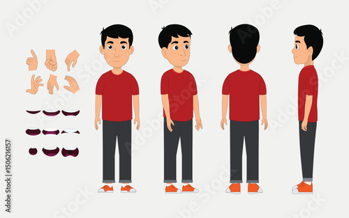 Kits Cartoon Boy Character Design Turnaround – Front, Side, and Back View Vector Illustration