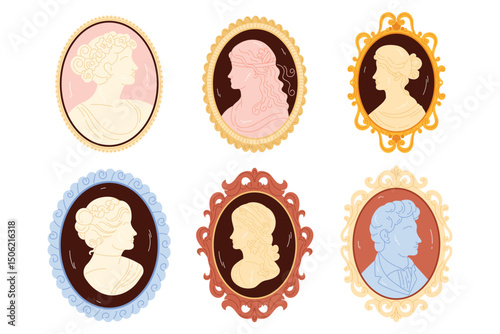 Classic vintage cameo set with head silhouettes of woman and man. Side portrait of female and male faces for brooch, cute jewelry pendant of oval shape with ornate frames cartoon vector illustration