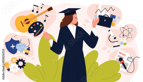 Future profession and career choice by graduate. Young woman in graduation hat making life decision to choose professional way in science or business, art, engineering cartoon vector illustration
