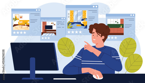 Home apartment search for travel booking and city accommodation of tourist, purchase. Young man sitting at laptop to choose room, look and compare rating, location cartoon vector illustration