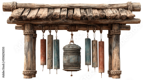 Antique Wind Chimes: Wooden wind chimes hang gracefully from a weathered wooden frame in a rustic style. The soft, tranquil tones resonate with a sense of peace.