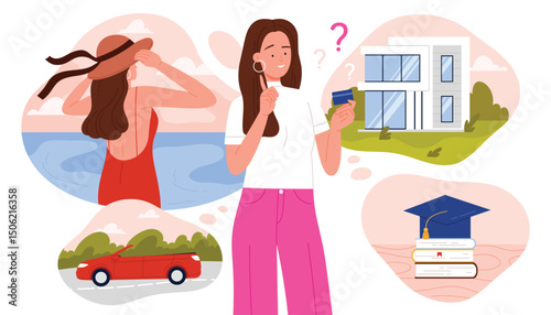 Investment choice, financial freedom to dream about future purchase, planning budget. Girl with credit card choosing between new car or house, sea beach vacation, education cartoon vector illustration