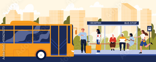 People waiting public transport at bus stop. Diverse of passengers sitting with newspaper on bench, standing roadside with suitcase and bag to wait, running late for bus cartoon vector illustration