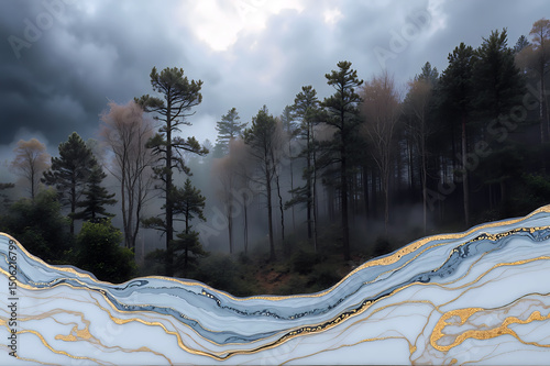 Marbleous Wonder - Moody Forest Scene With Misty Pine Trees And Surreal, Flowing Marble Foreground Highlighted By Striking Gold.