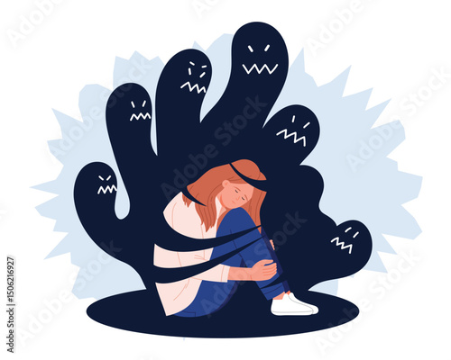 Anxiety and phobia, panic and mental health problem of person with stress, nightmare. Schizophrenic shadow monsters and ghosts with scary face attack on scared afraid girl cartoon vector illustration