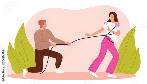 Toxic relationship, psychological violence and abuse, manipulation in couple and family. Husband pulling rope around sad wife to control and manipulate unhappy woman cartoon vector illustration