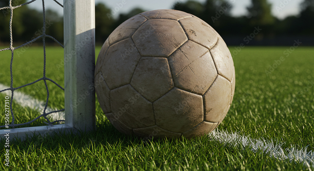 Fototapeta premium Used soccer ball by goalpost on grass, realistic texture