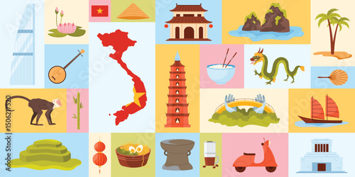 Travel to Vietnam, geometric banner design with Vietnamese culture, landmarks and food. Map with country flag and traditional food, architecture and nature of Vietnam cartoon vector illustration