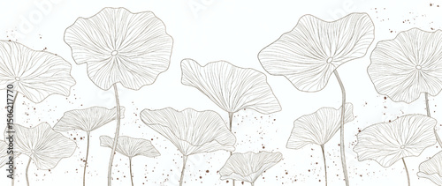 Botanical pattern with hand drawn lotus leaves in line art style. Vector background for banner, print, poster, textile, packaging, wallpaper, interior design, cover.