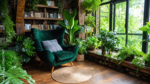 Cozy room filled with greenery and books.  A relaxing space with plants