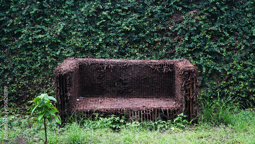 Broken rattan sofa lying in the garden