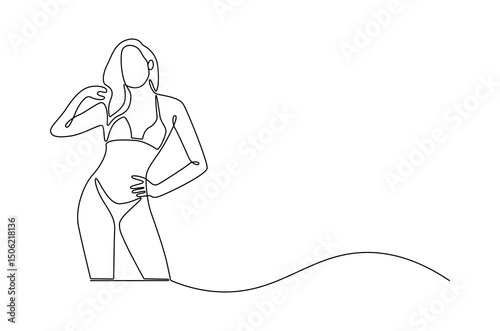 Continuous one line drawing of Woman with bikini for holiday. Single line drawing illustration of Beautiful woman with bikini. Summer vacation concept vector art. Doodle line illustration.