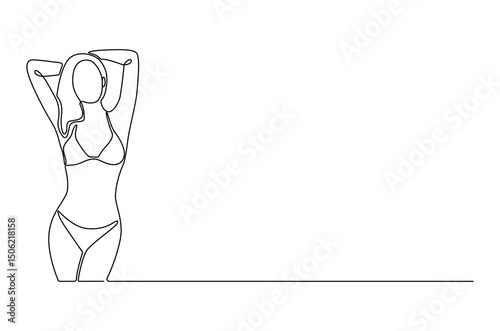 Continuous one line drawing of Woman with bikini for holiday. Single line drawing illustration of Beautiful woman with bikini. Summer vacation concept vector art. Doodle line illustration.